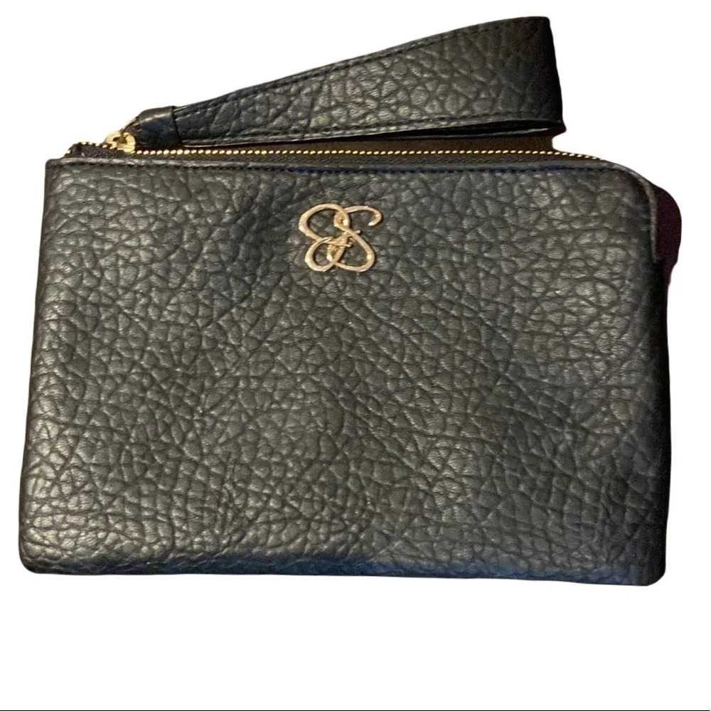 Jessica Simpson textured faux leather black logo wristlet